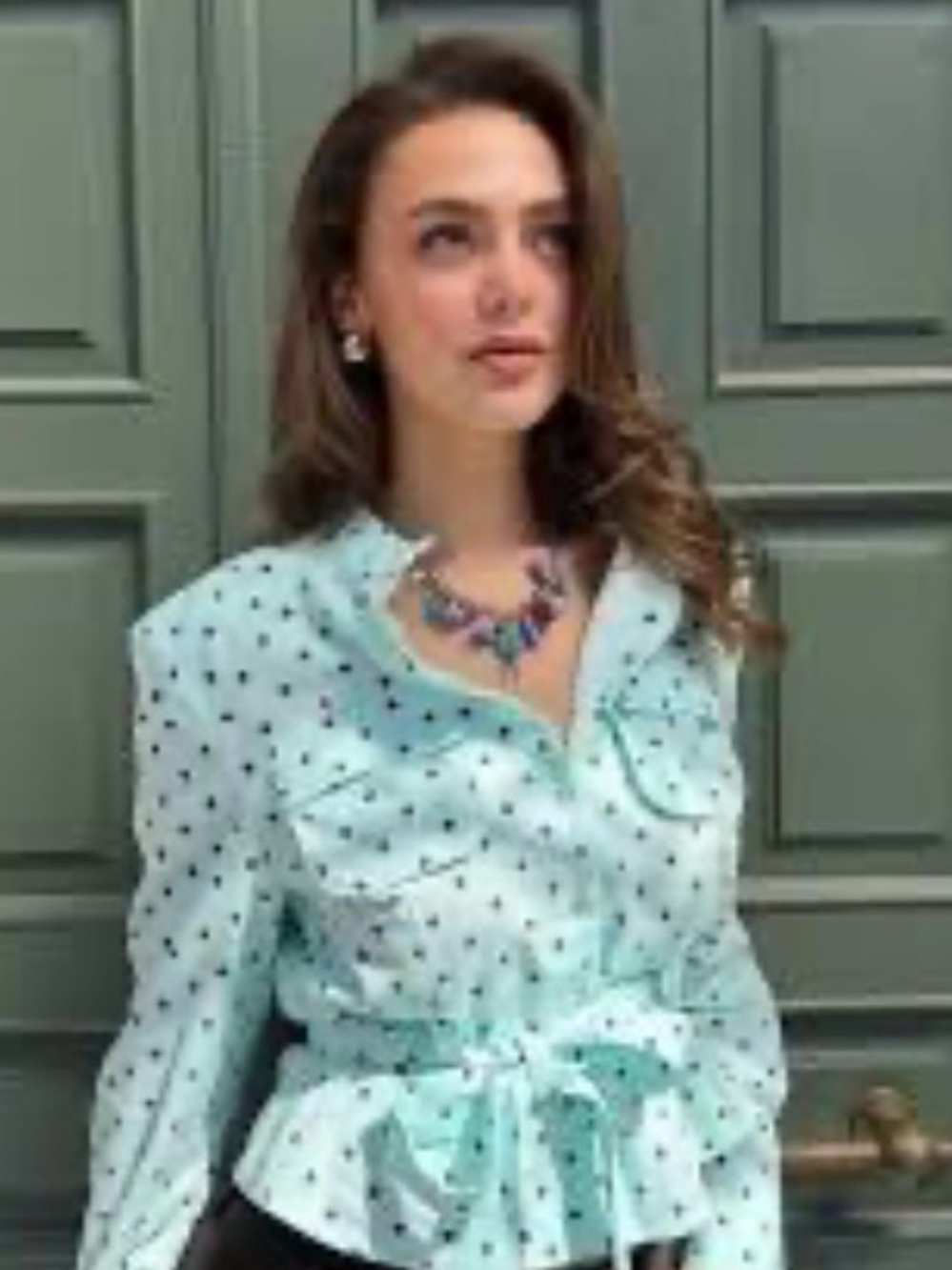 Zara Mint Green Blue  Polka Dot Long Sleeve Tie-Waist jacket -S